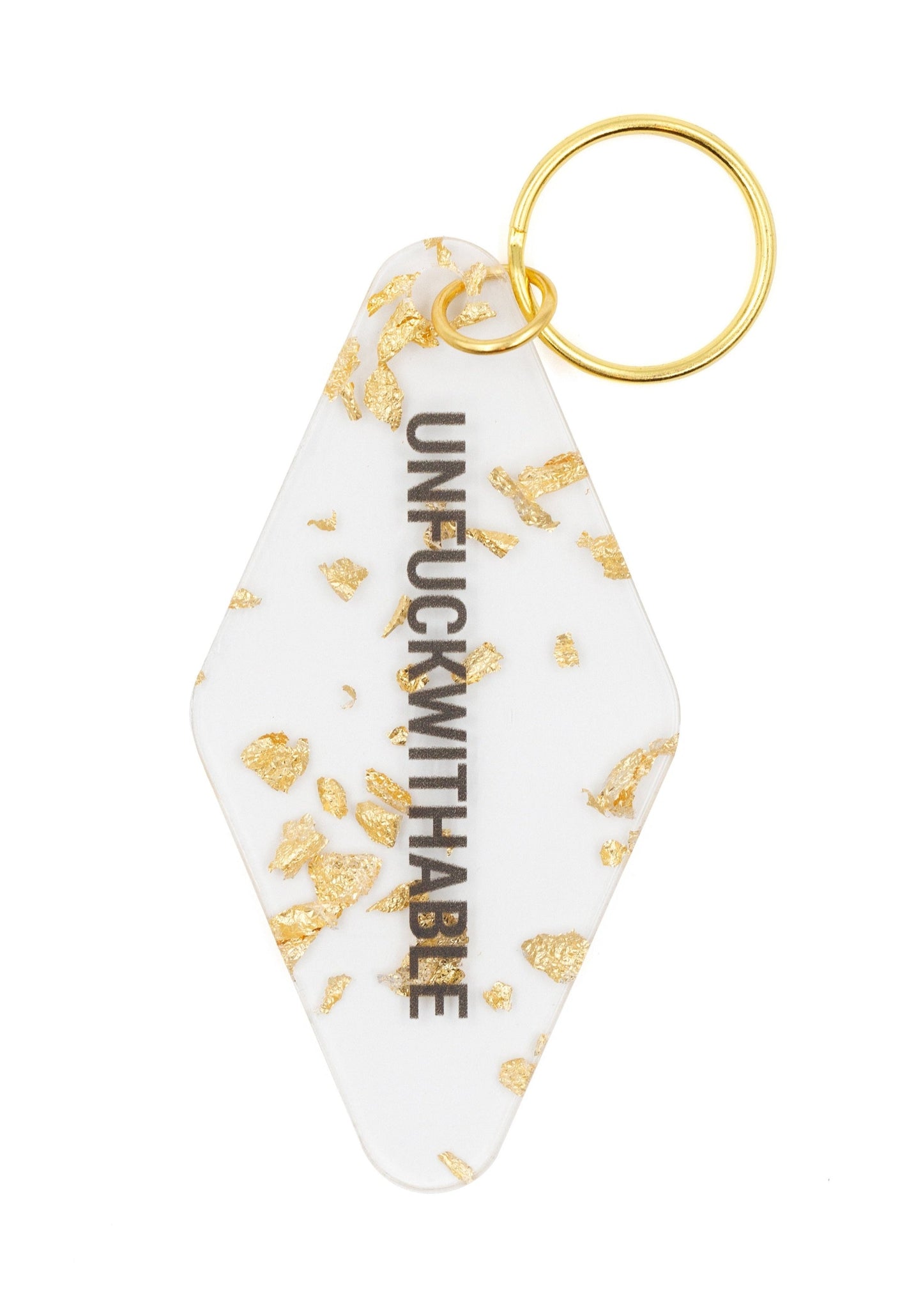 UNFUCKWITHABLE Motel Style Key Tag Keychain in Clear with Gold Leaf