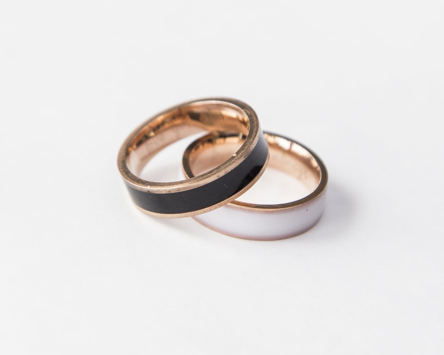 Rose Gold Engraved Couple Rings Black and White Personalized