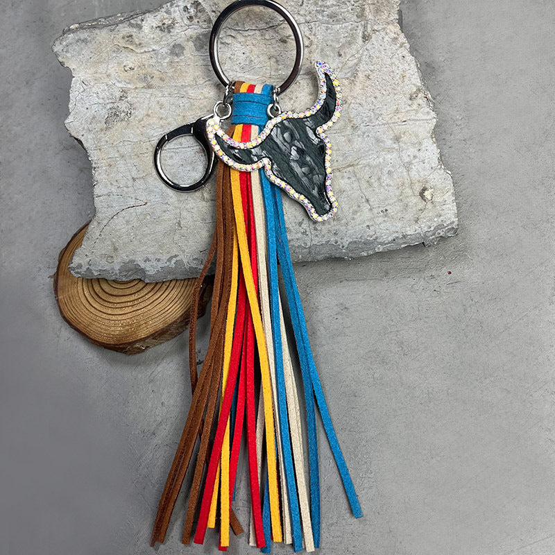 Rhinestone Bull Keychain with Tassel