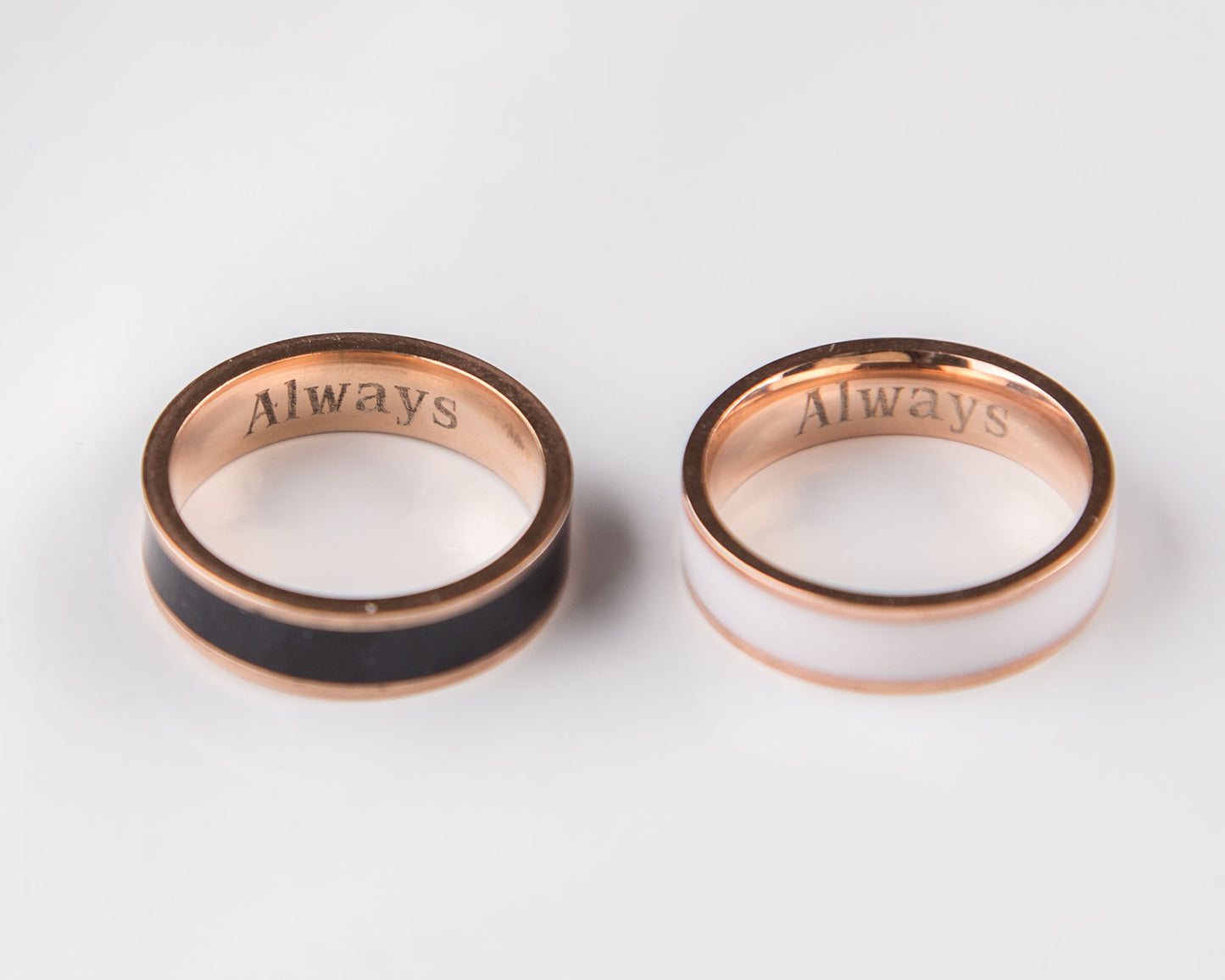 Rose Gold Engraved Couple Rings Black and White Personalized