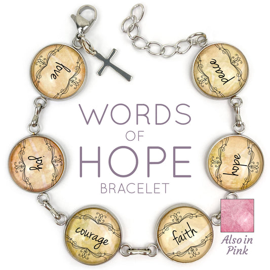 Love, Joy, Courage, Faith, Hope, Peace - Words of Hope Glass Charm Bracelet