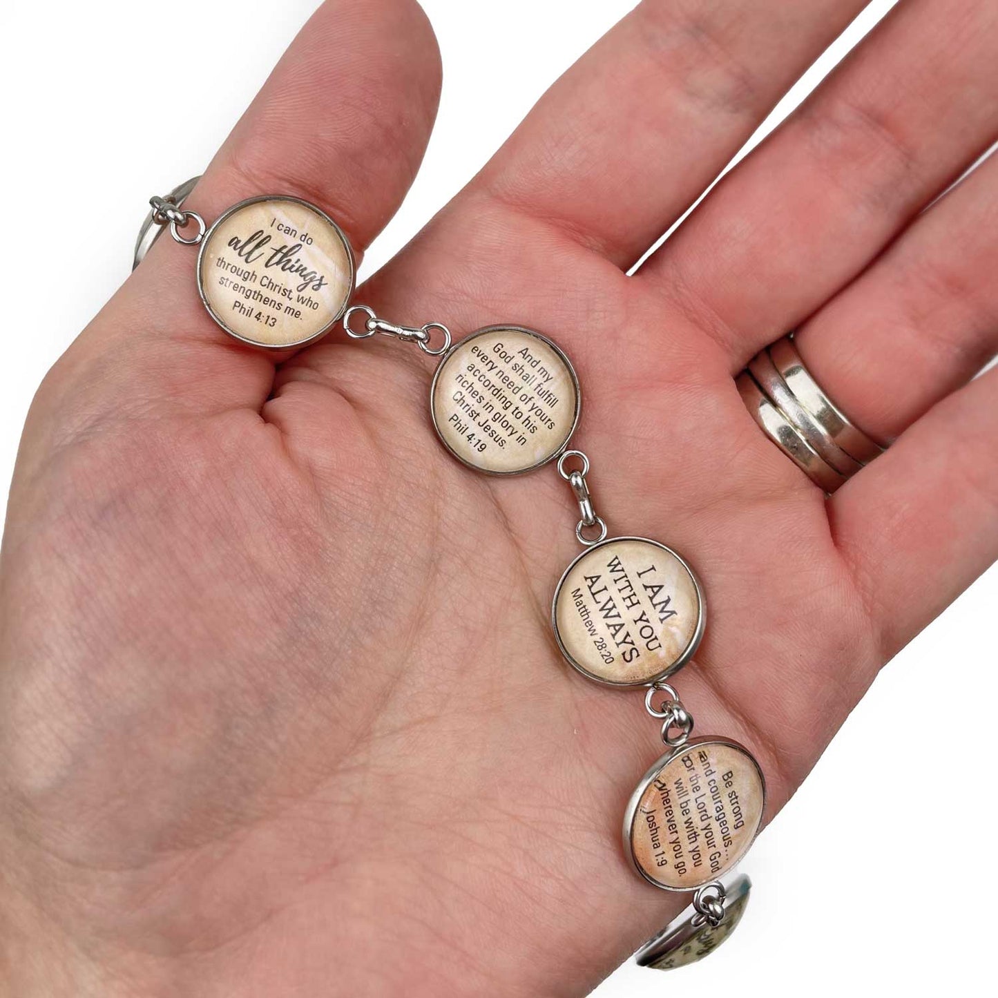 Blessed Assurance Hymn & Scripture Glass Charm Bracelet – Stainless