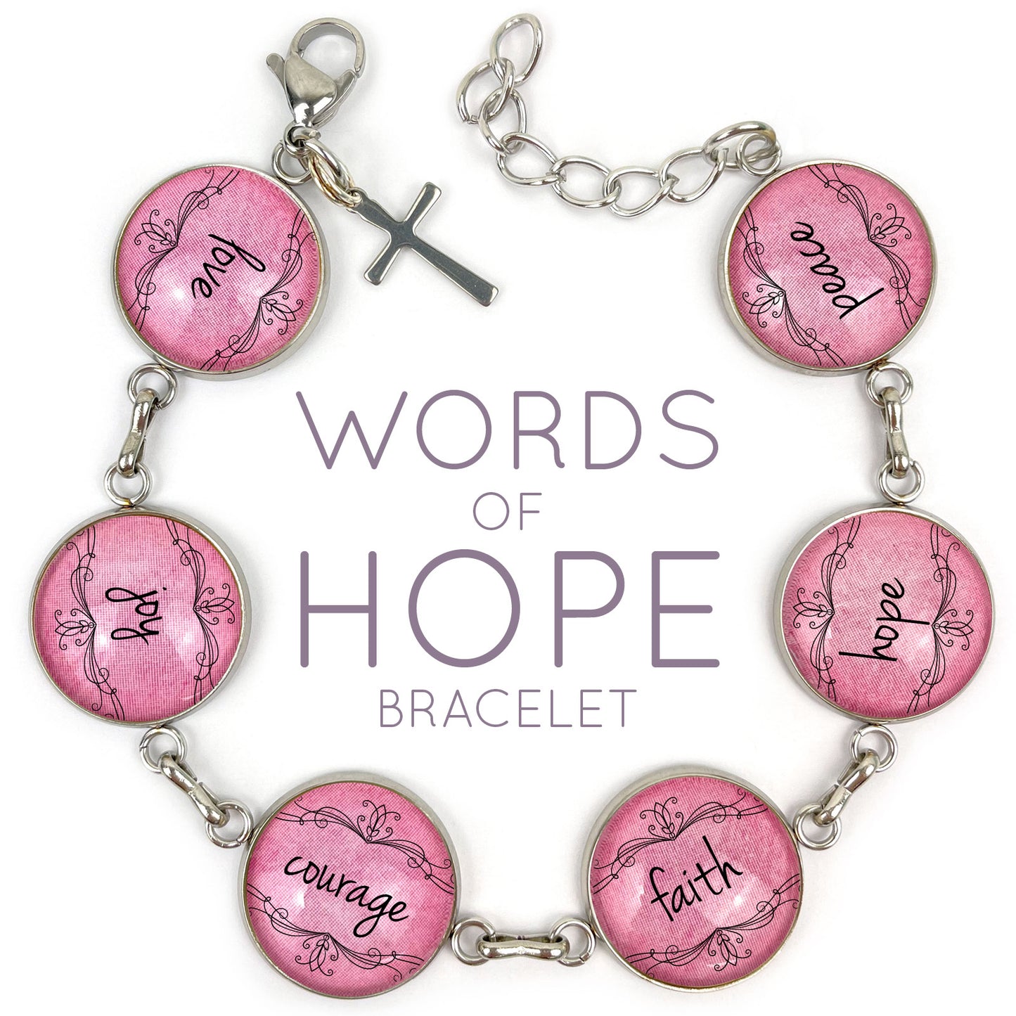 Love, Joy, Courage, Faith, Hope, Peace - Words of Hope Glass Charm Bracelet