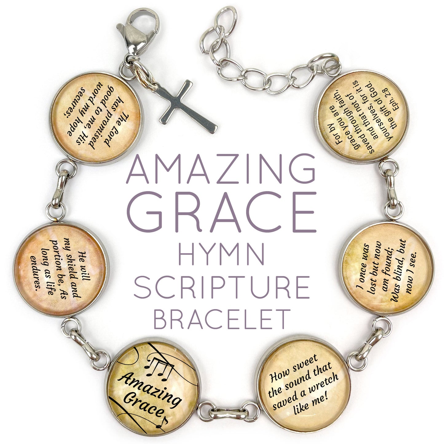 Amazing Grace Hymn & Scripture Glass Charm Bracelet – Stainless Steel