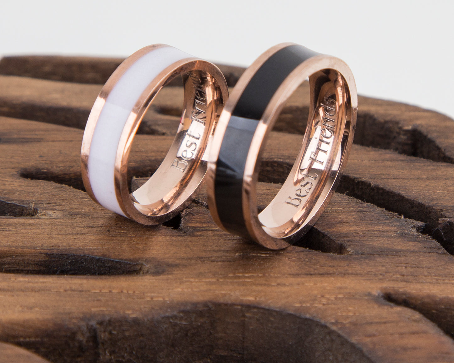 Rose Gold Engraved Couple Rings Black and White Personalized